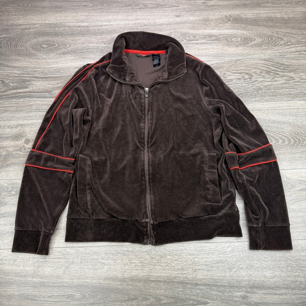 DKNY Active Track Jacket Womens Small Brown Velour Red Piping Full Zip Y2K Mock